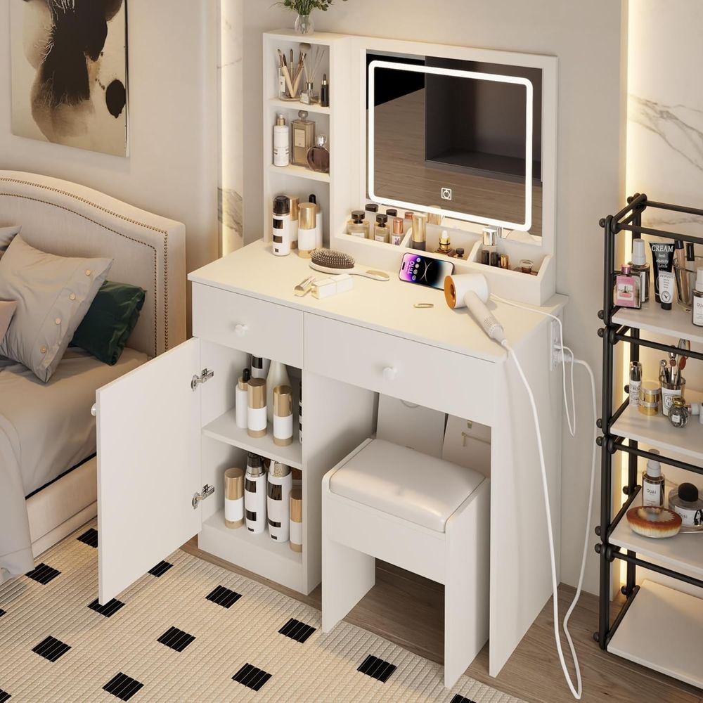 Beauty Makeup Vanity Set - Dring Tafelset, Grote Opbergruimte met Spiegel,