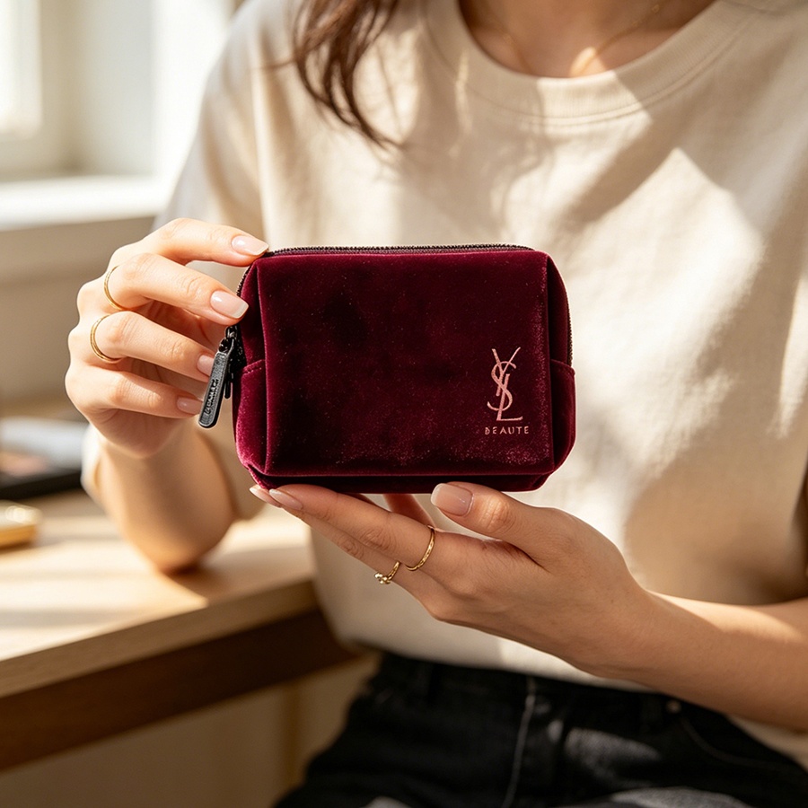 YSL's tas wijnrood fluweel min - Ysl Beauty Makeup Bag recensie en prijs